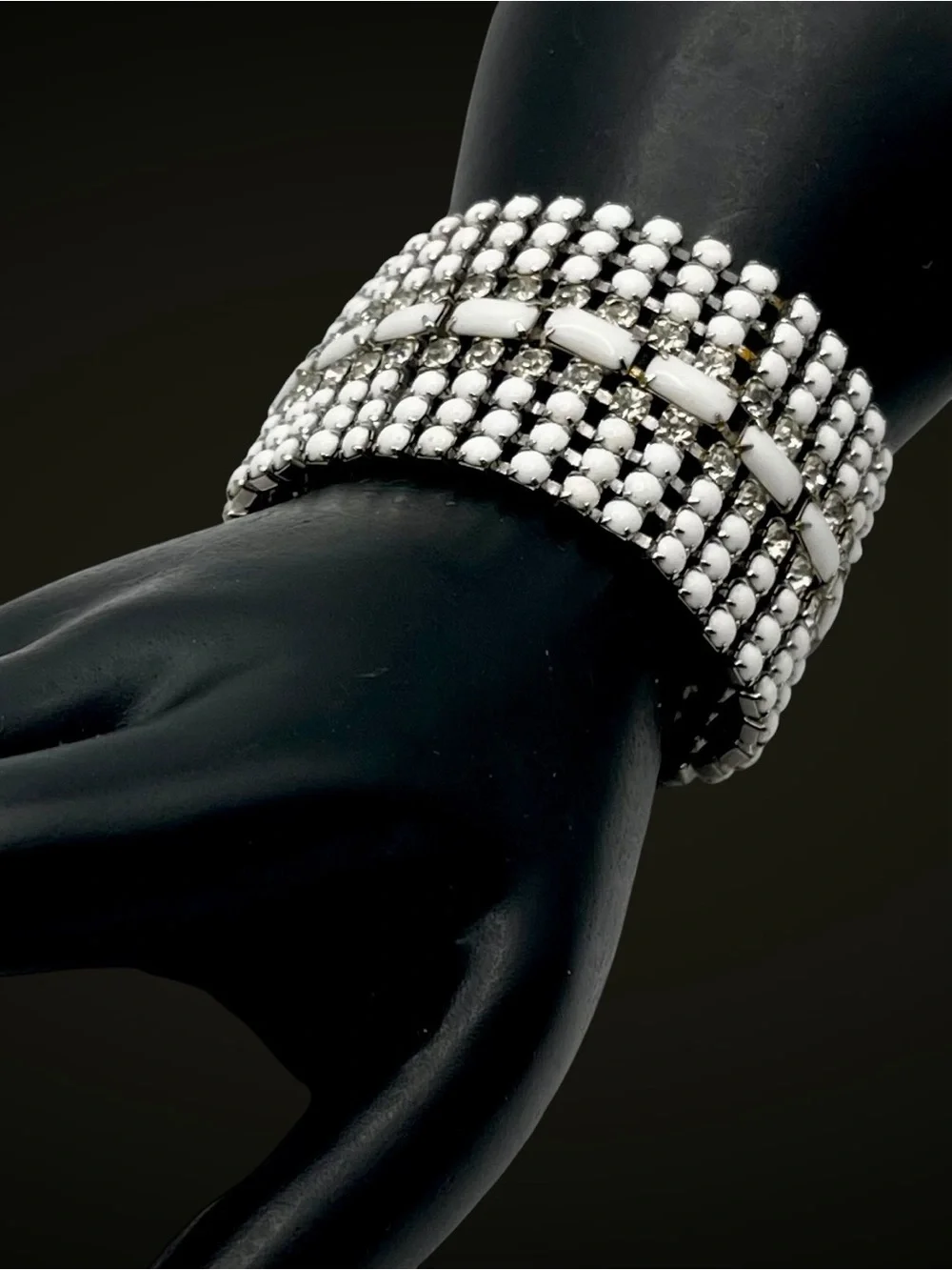 Stunning Vintage MidCentury Milk Glass and Rhinestone Statement Bracelet Estate